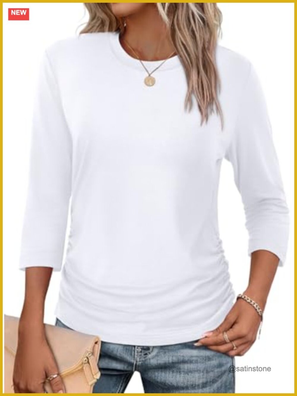 Womens 3/4 Sleeve Ruched Crewneck Blouse Business Casual Summer Top